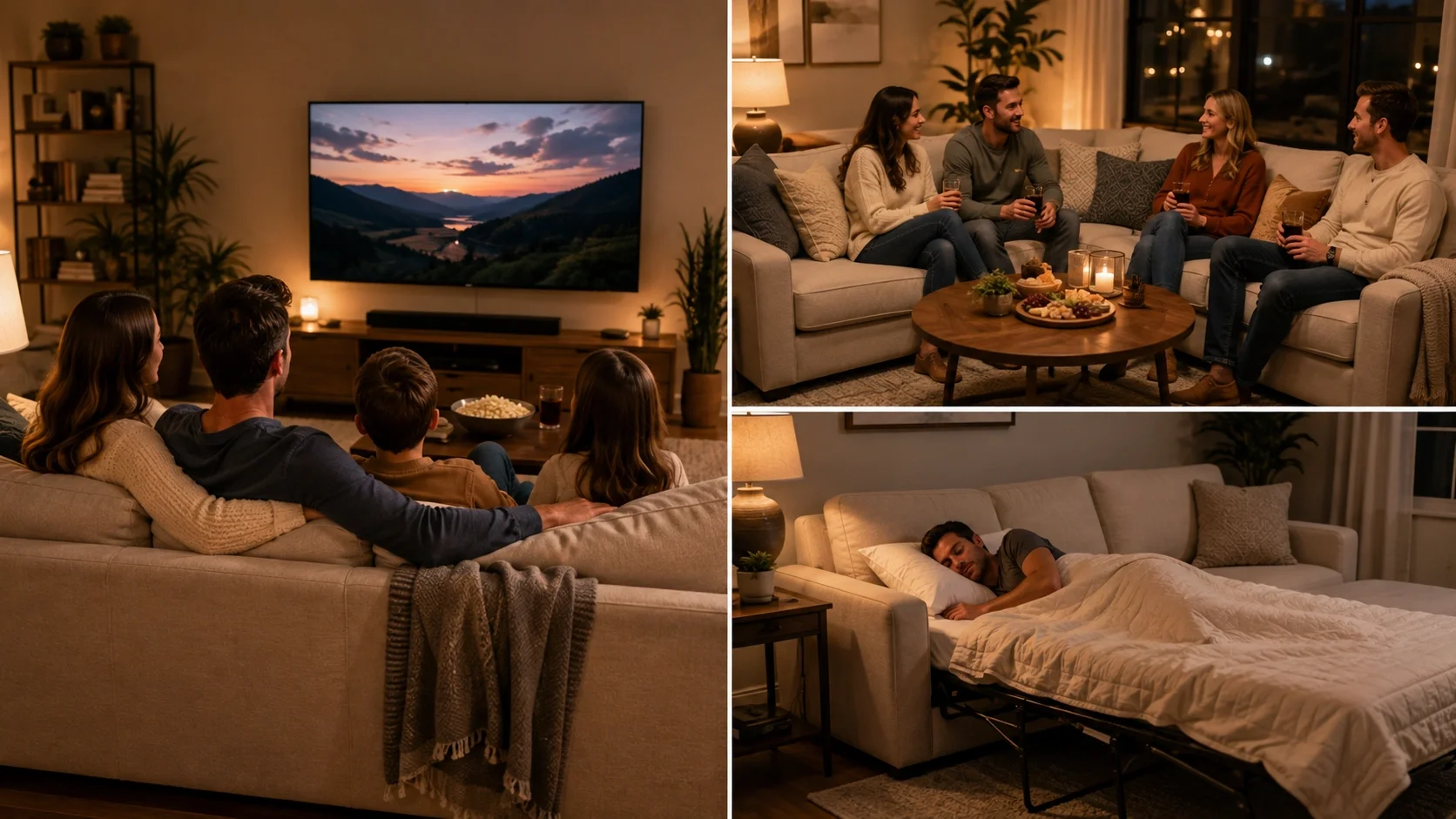 Different ways people use their sofas - lounging, entertaining, sleeping