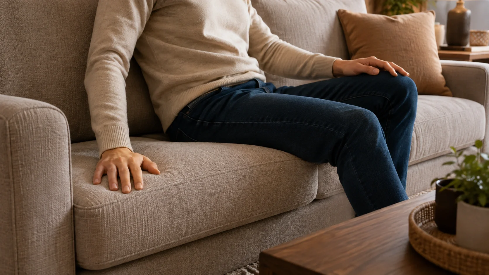 Testing sofa comfort in a furniture showroom