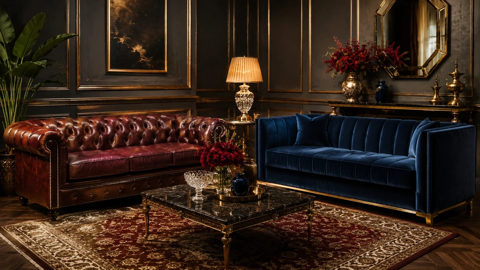 Luxury sofa types including leather chesterfield and velvet tuxedo sofas