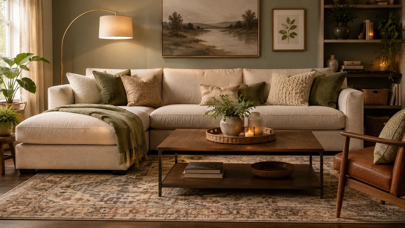 A styled living room featuring a sofa with coffee table, rug, and throw pillows